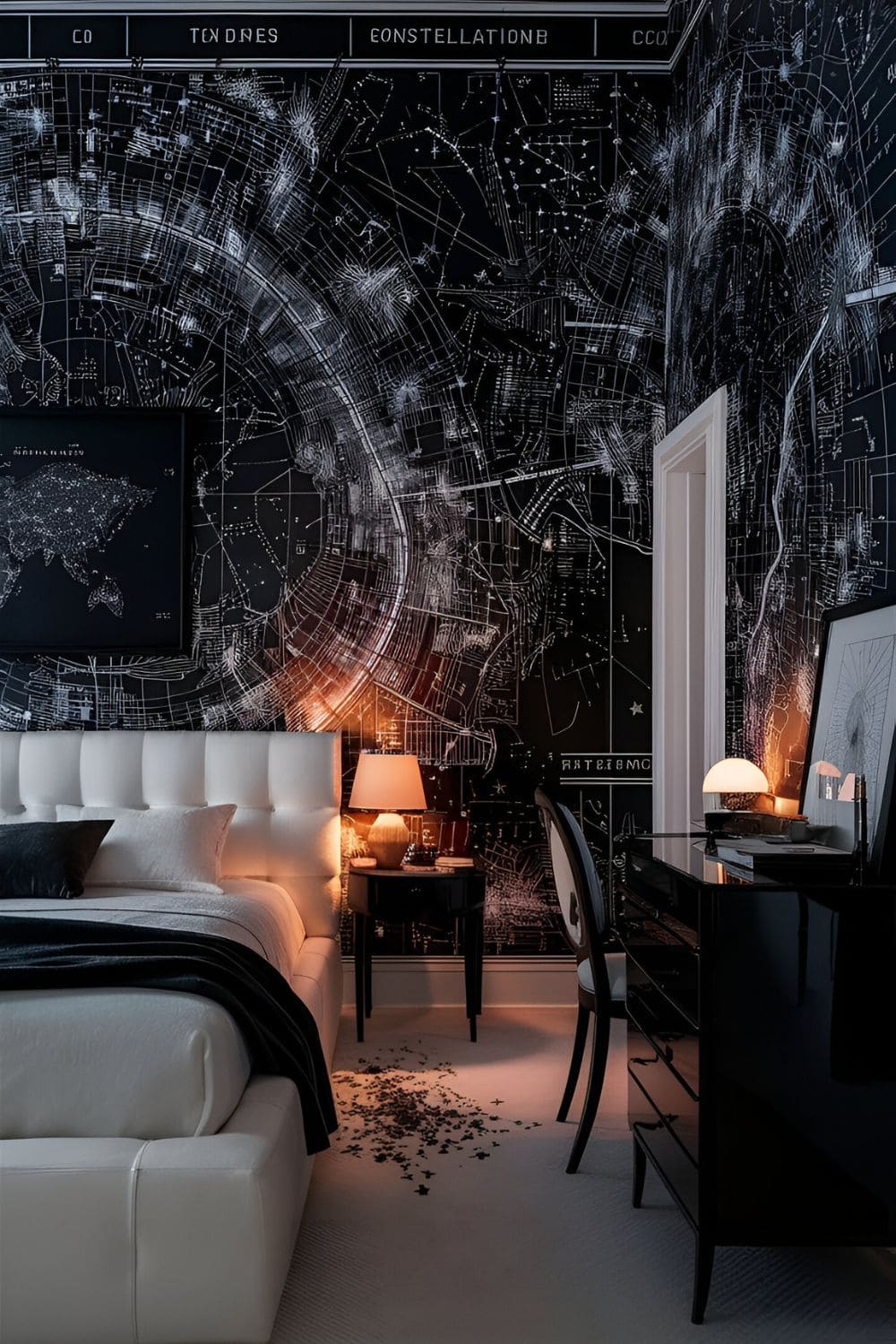 A chic bedroom with black-and-white constellation map wallpaper displaying detailed star patterns elegant modern furniture and warm lighting