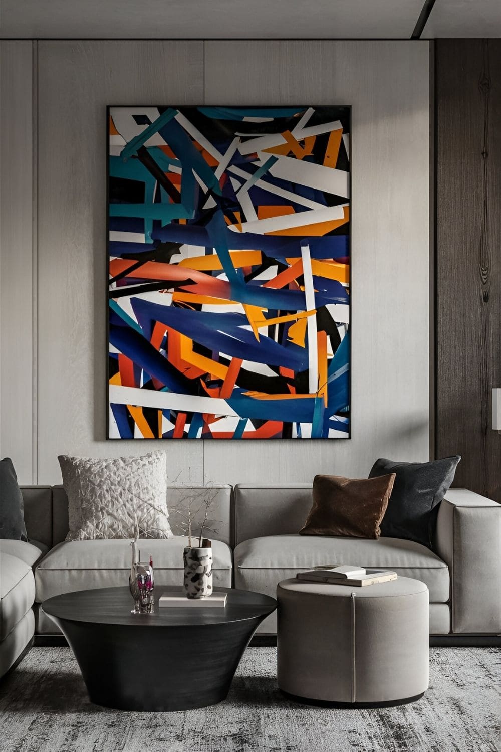 A contemporary living room featuring a striking piece of modern art as the centerpiece