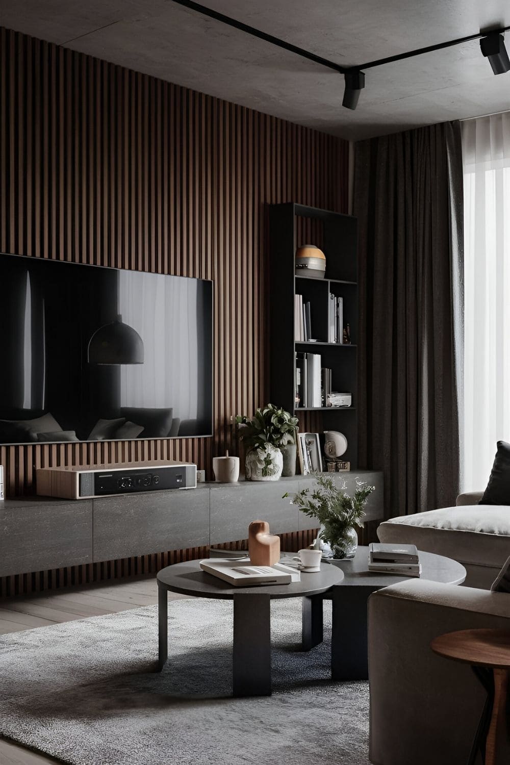 A contemporary living room with sleek TVs sound systems and smart home devices integrated into the decor