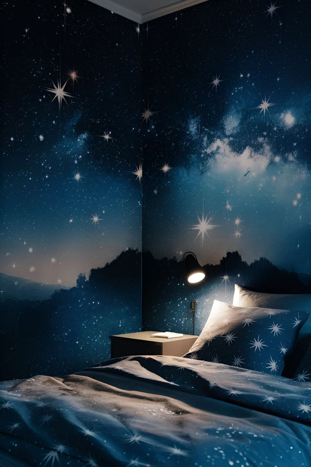 A cozy bedroom with starry night sky wallpaper featuring twinkling stars on a deep blue background soft ambient lighting and star-themed bedding