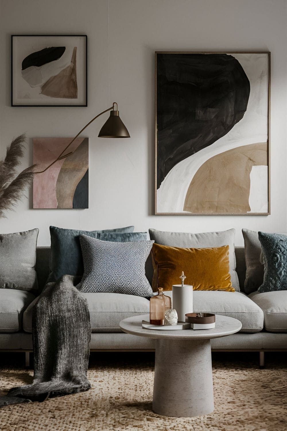 A cozy modern living room with a mix of textured fabrics like velvet linen and wool