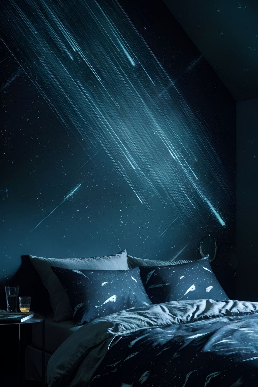 A dramatic bedroom with meteor shower wallpaper featuring streaks of light in a dark sky celestial-themed decor and soft dim lighting