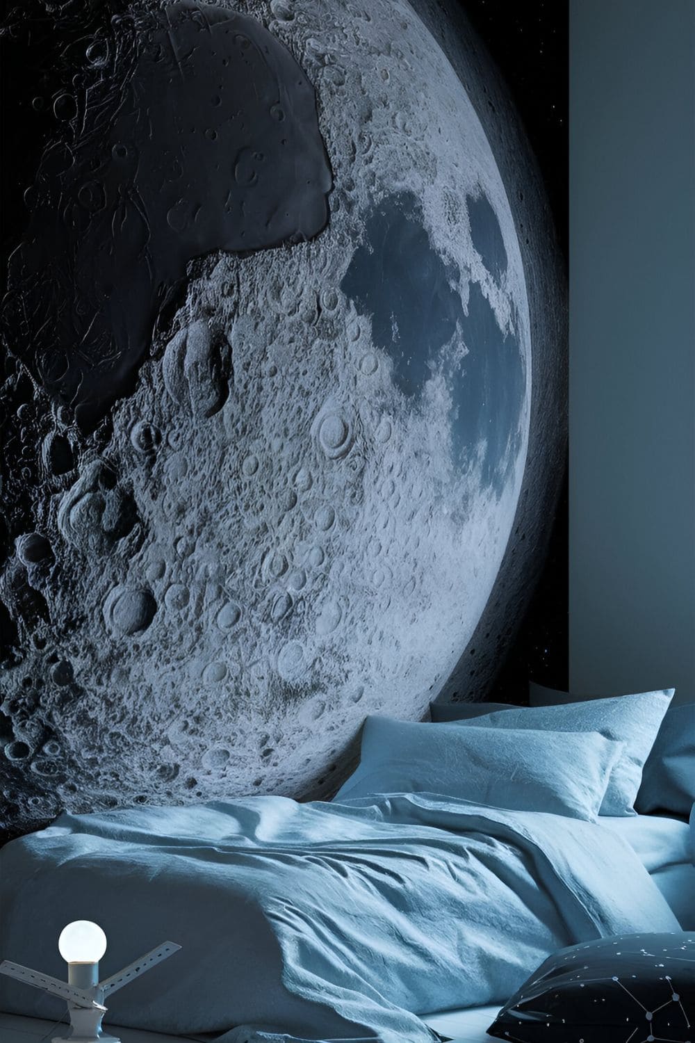 A minimalist bedroom featuring realistic moon surface wallpaper with detailed craters simple monochromatic decor and white and gray bedding