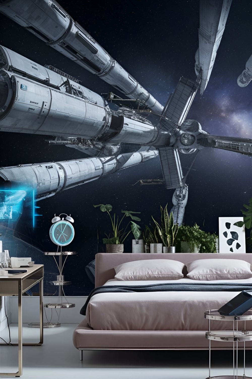 A modern bedroom featuring futuristic space station wallpaper sleek metallic elements contemporary furniture and tech-inspired accessories