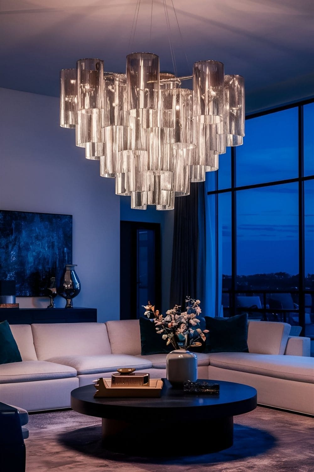 A modern living room illuminated by a unique chandelier or pendant light