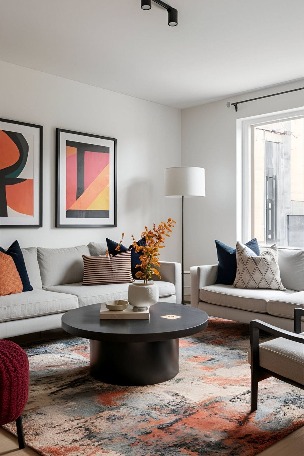 A modern living room with a neutral base and vibrant accent colors in pillows rugs and artwork