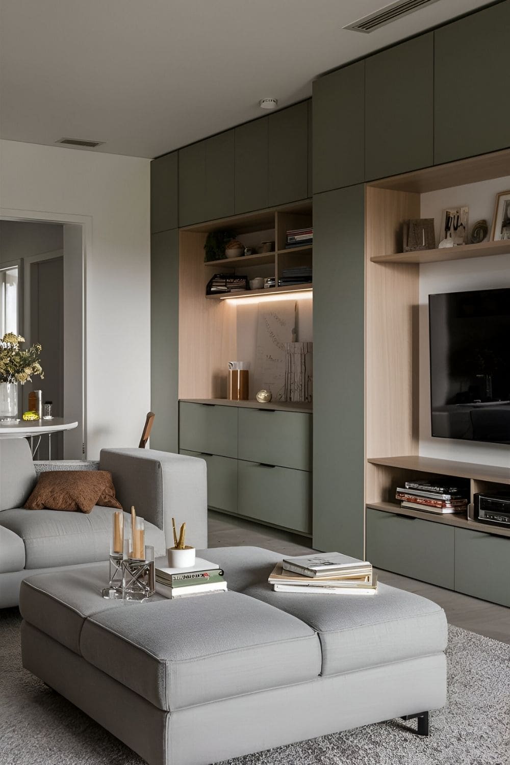 A modern living room with multi-functional furniture and built-in cabinets for smart storage