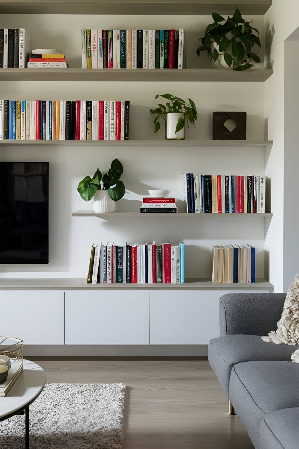 A modern living room with open shelving displaying books plants and decorative items