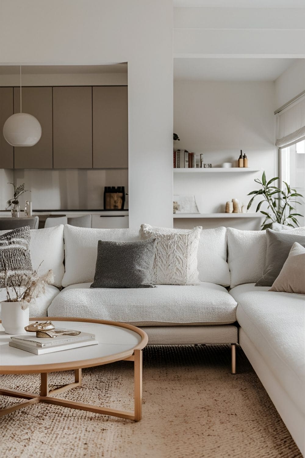 A modern living room with white gray and beige tones creating a clean and calming atmosphere