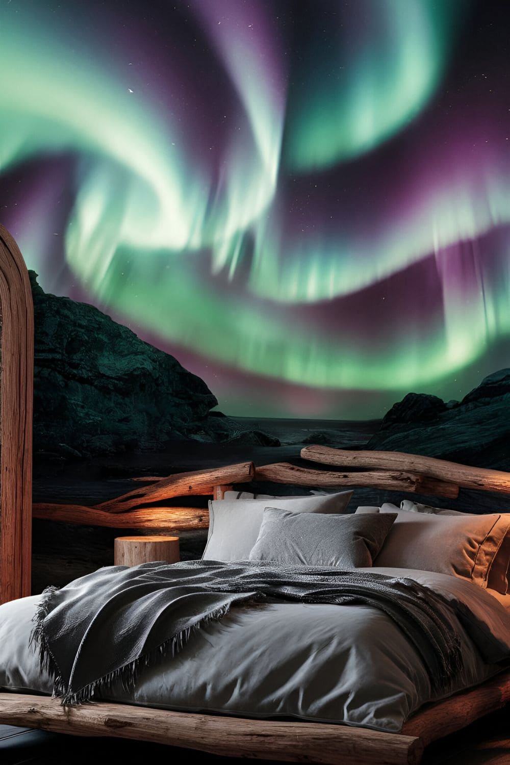 A tranquil bedroom with aurora borealis wallpaper green purple and blue lights nature-inspired decor and a plush bed with ambient lighting