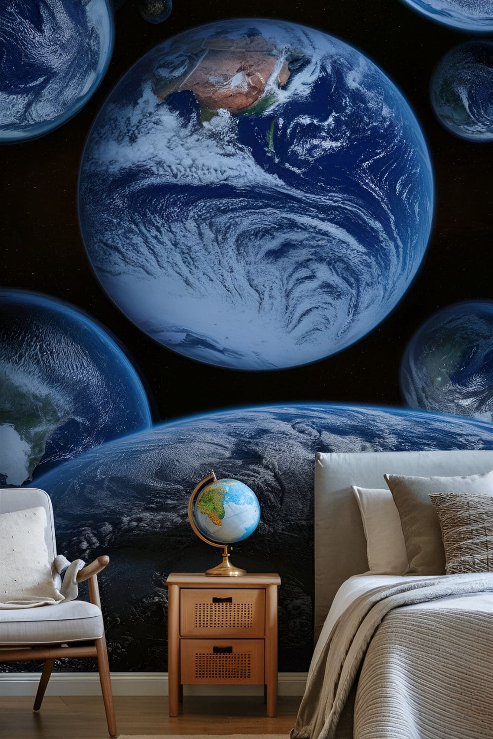 A unique bedroom with satellite views of Earth wallpaper detailed imagery of continents and oceans globe decor and earthy natural tones