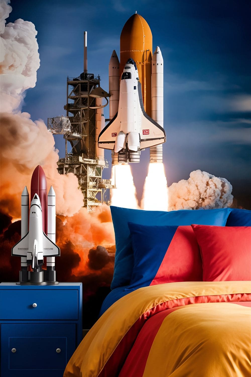 An exciting bedroom with dynamic space shuttle launch wallpaper featuring fiery engines bold decor and bright contrasting bedding