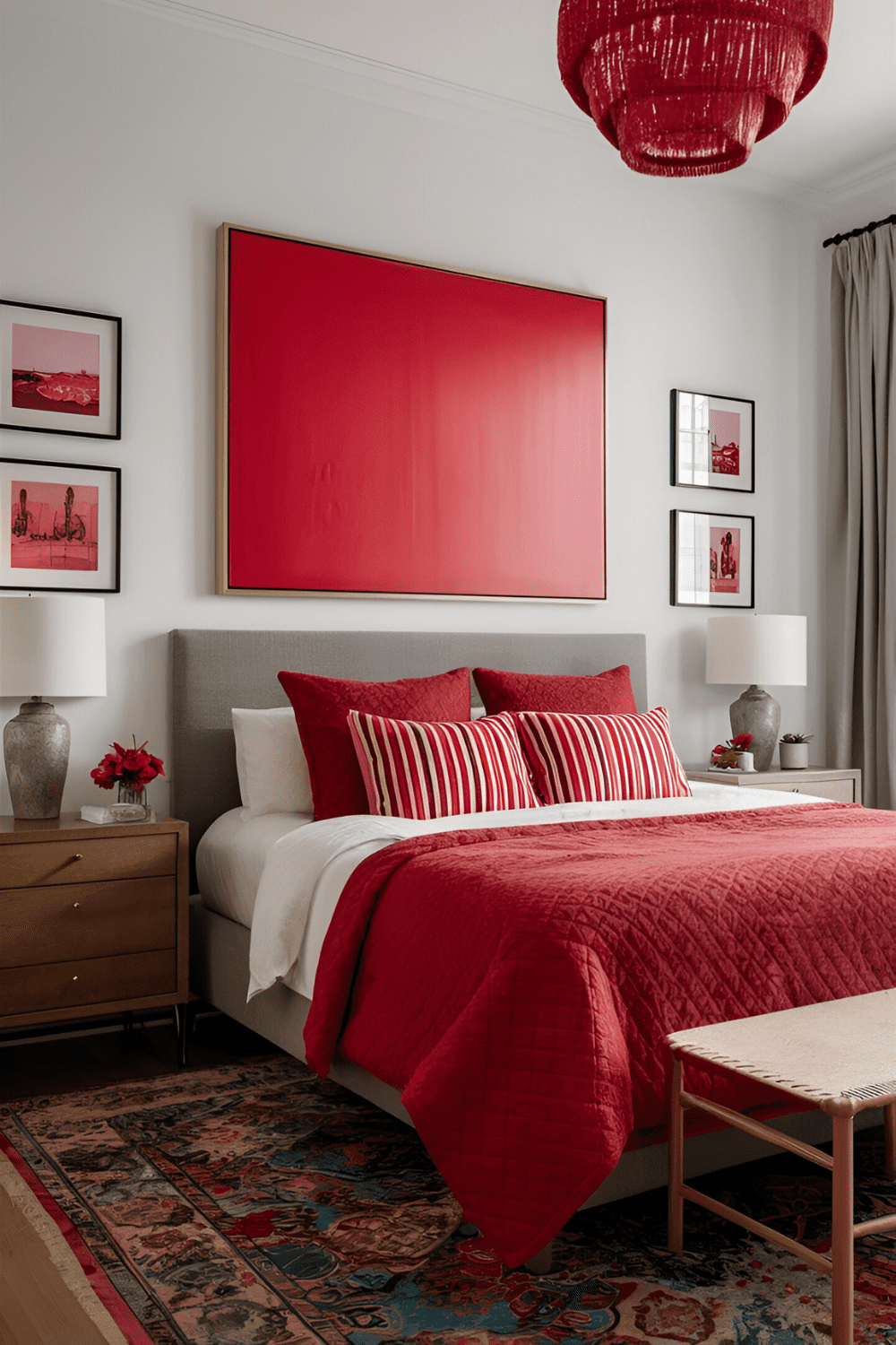 Bedroom showcasing a large red painting or a series of smaller red prints adding visual interest and color to the space