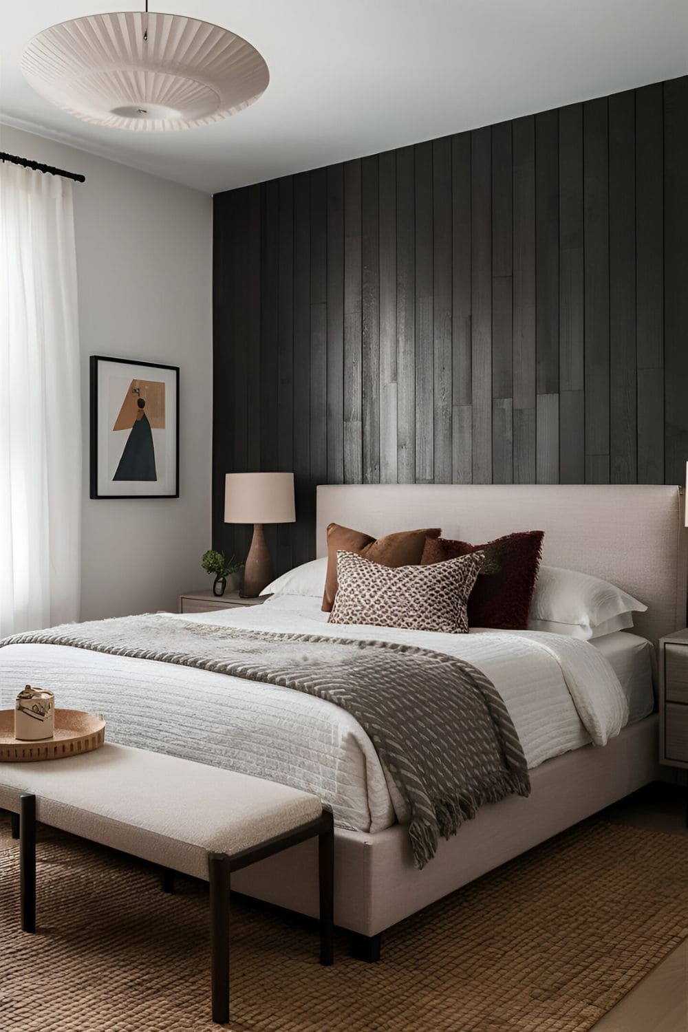 Bedroom with a dark wood accent wall behind the bed neutral-toned furniture and minimalist decor