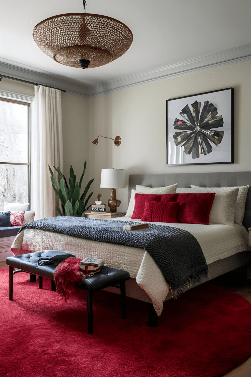 Bedroom with a large vibrant red area rug that ties the room together featuring a mix of modern and classic furnishings