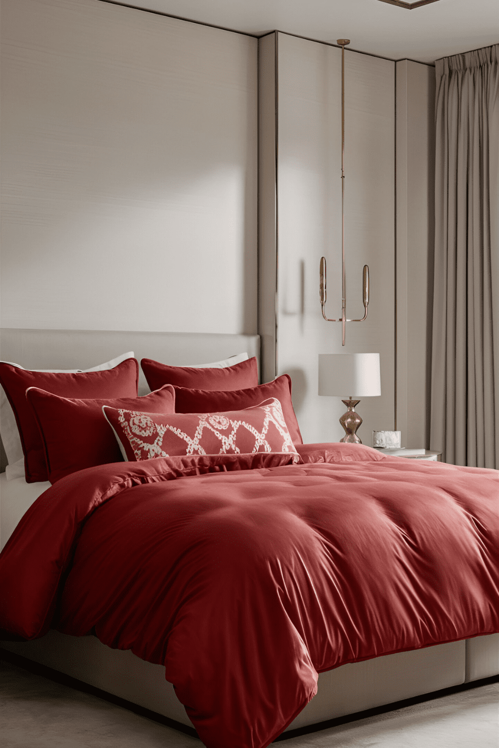 Bedroom with a luxurious red comforter and matching pillows set against neutral-colored walls and minimalist furniture