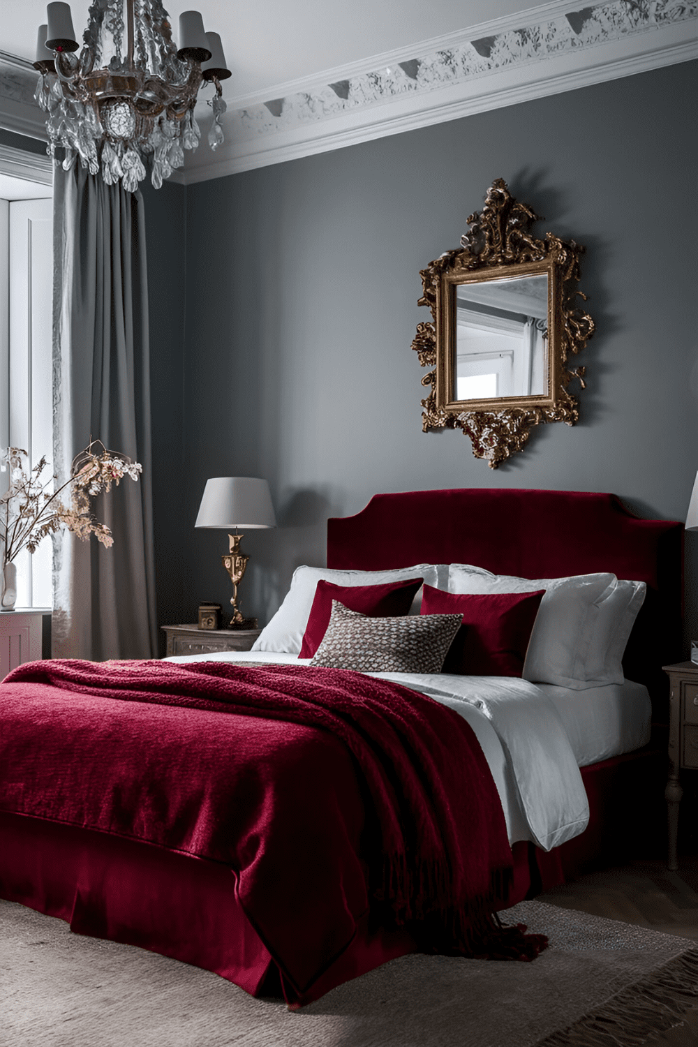 Bedroom with a luxurious red upholstered headboard or armchair serving as the centerpiece of the room with elegant simple decor