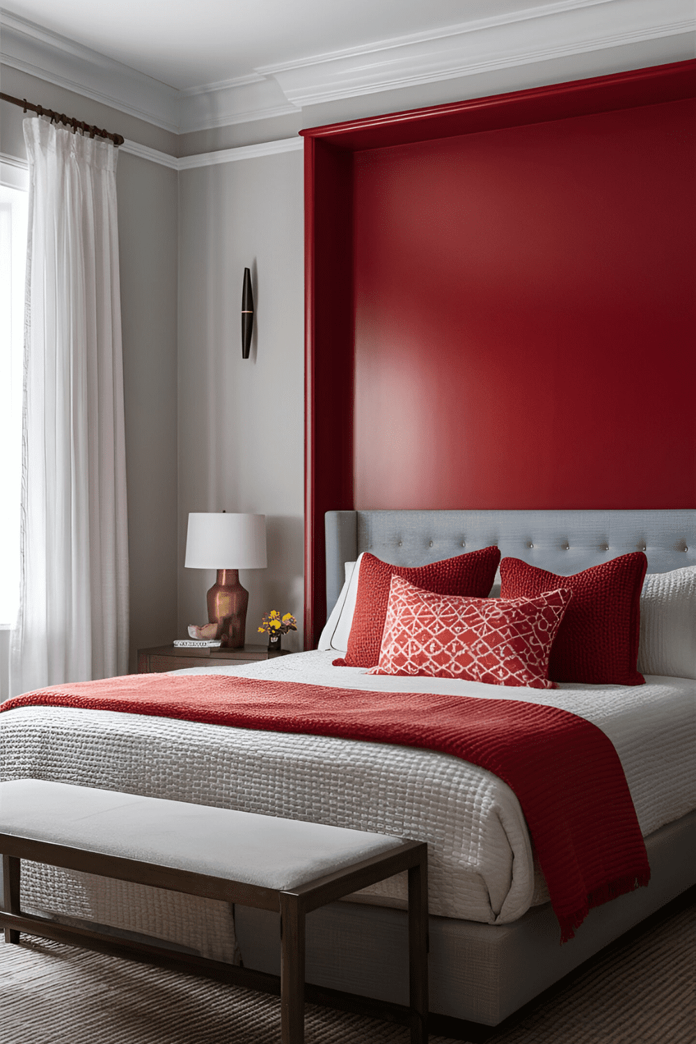 Bedroom with a striking red accent wall behind the bed surrounded by white or light gray walls and simple elegant decor