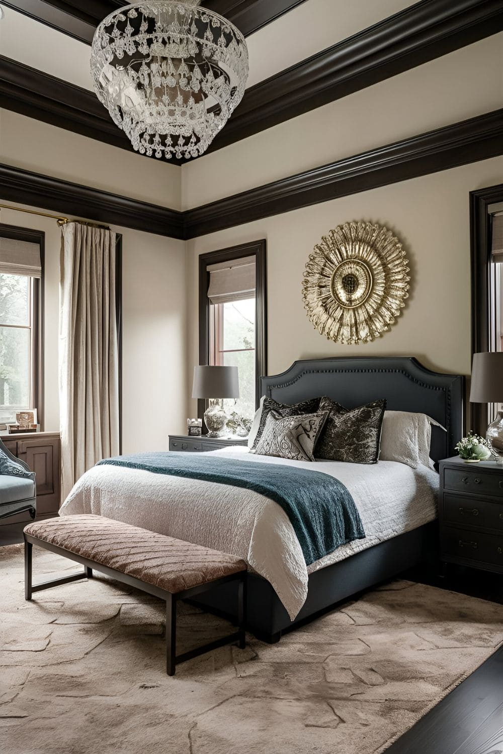 Bedroom with dark wood trim and molding high ceilings elegant light fixtures and refined decor