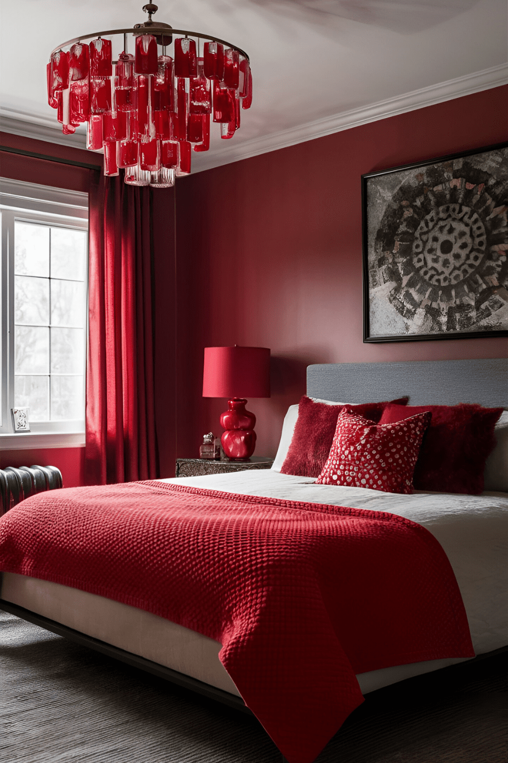 Bedroom with red lamps or light fixtures that cast a warm glow featuring unique artistic lighting pieces as focal points