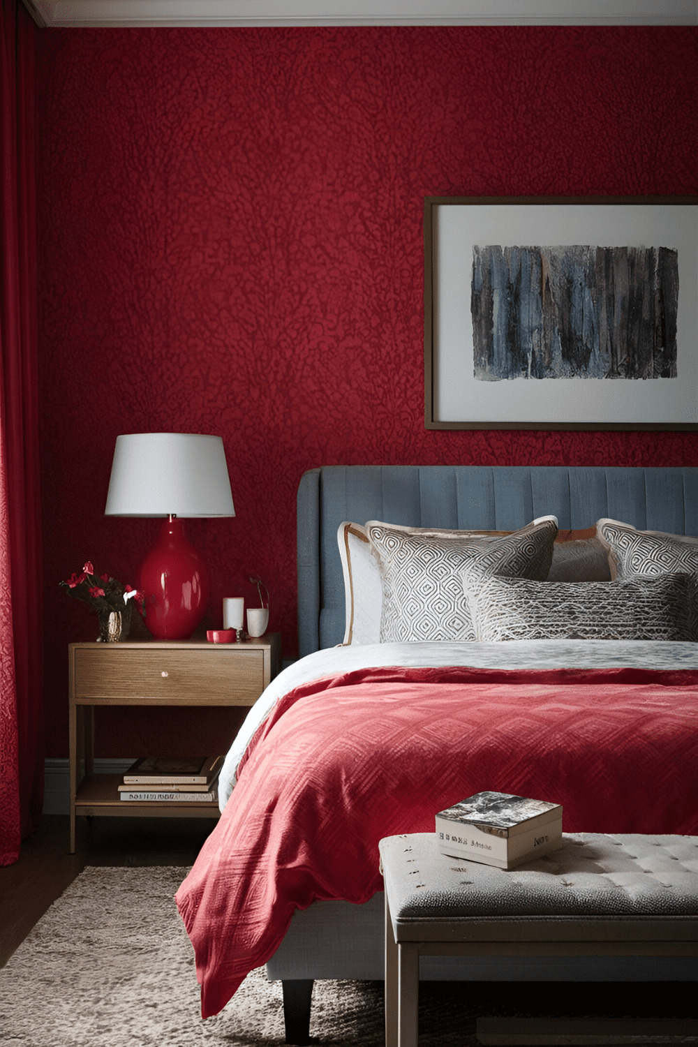 Bedroom with red wallpaper featuring a subtle pattern adding depth and texture to the walls with complementary furniture and bedding