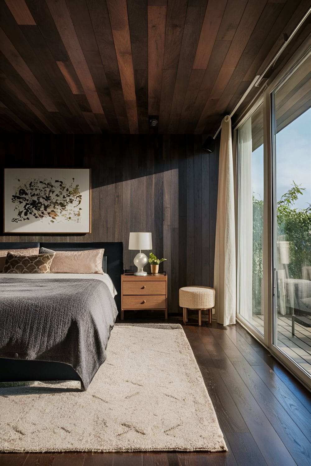 Bedroom with rich dark wood flooring a light-colored rug modern furniture and natural light