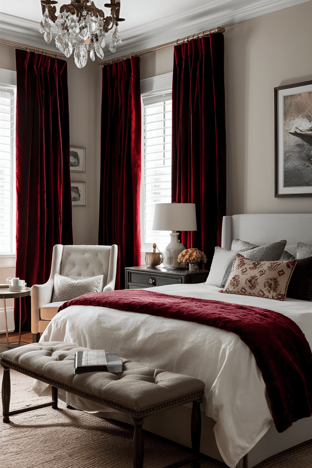 Bedroom with rich thick red curtains that add drama and warmth paired with neutral walls and classic furniture