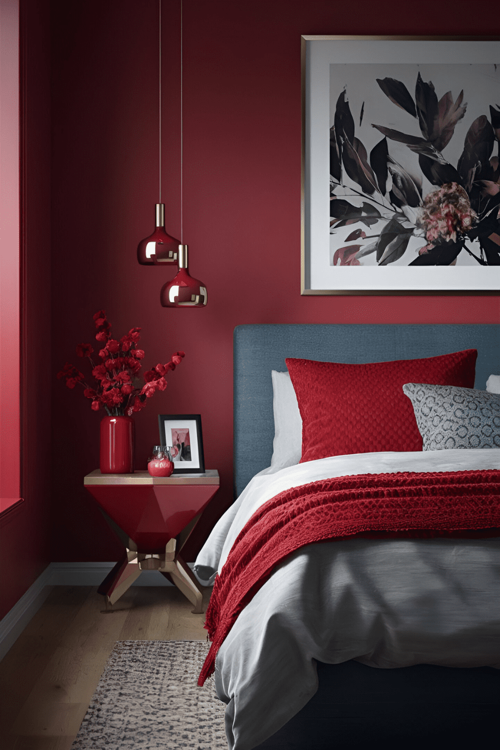 Bedroom with small red accessories like picture frames vases and candles creating pops of color throughout the room with a stylish touch