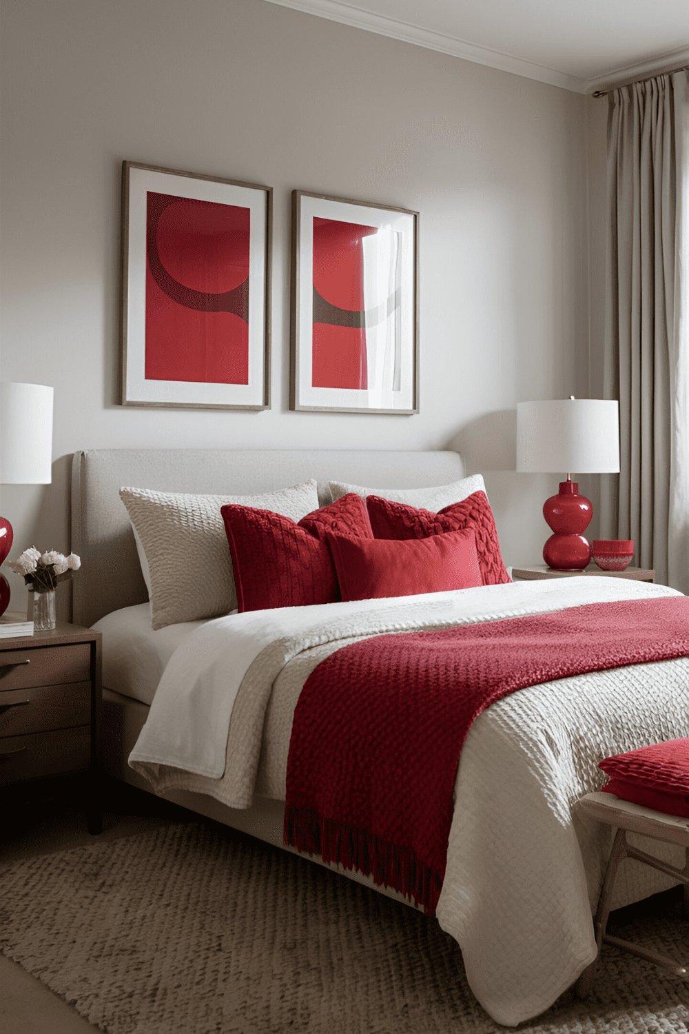 Bedroom with subtle red accents like throw pillows blankets and lamps creating a cohesive stylish look with neutral furniture