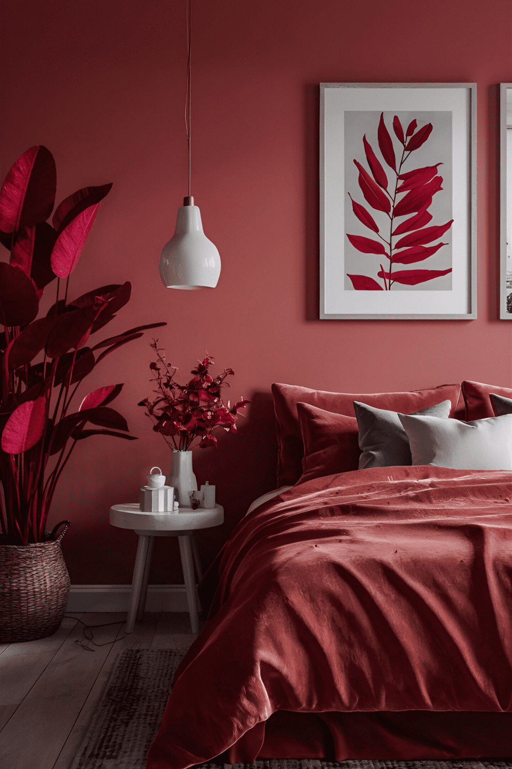 Bedroom with vibrant red flowers or plants with red leaves adding natural beauty and freshness to the space