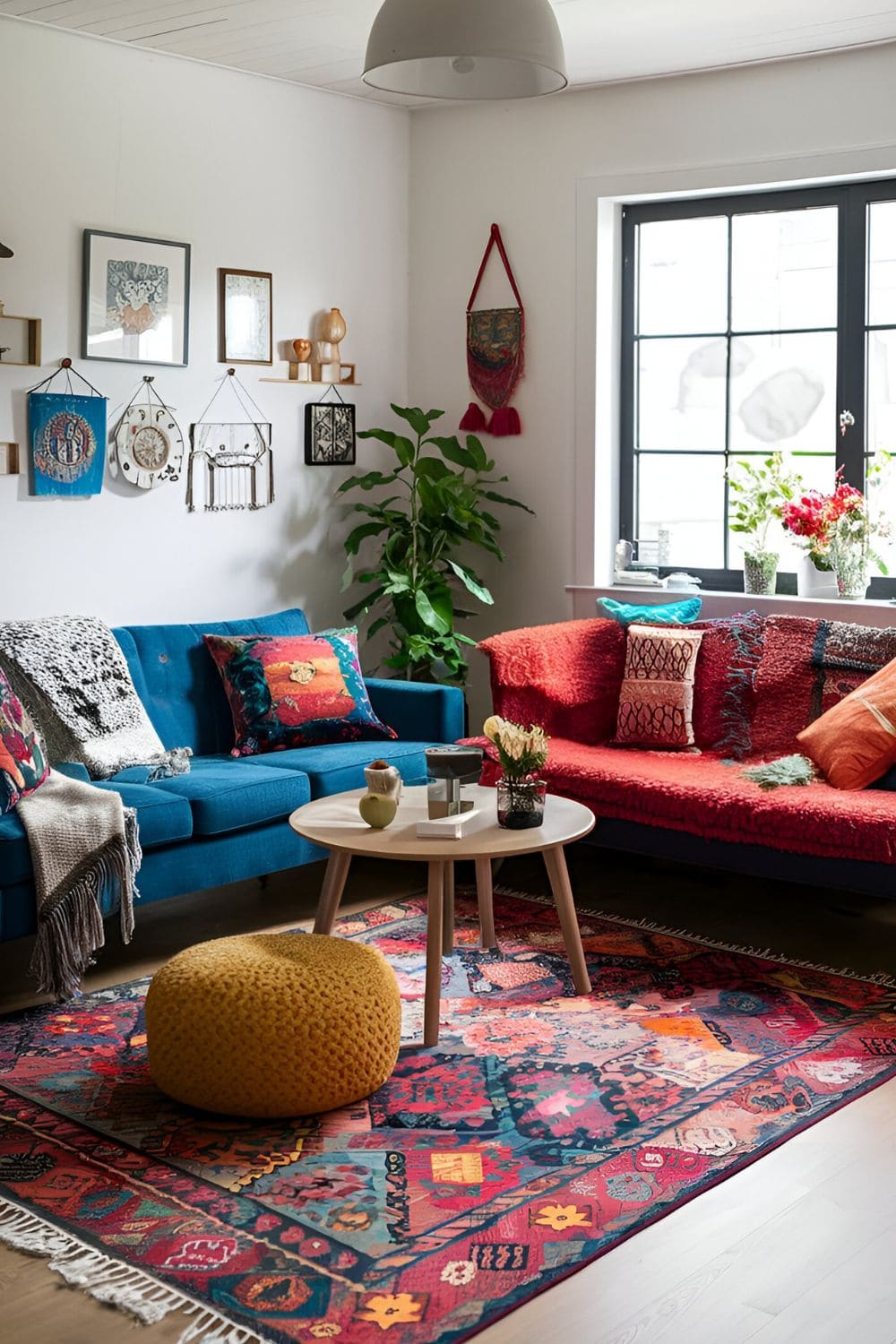 Bohemian-inspired living room with colorful cushions rugs and eclectic decor