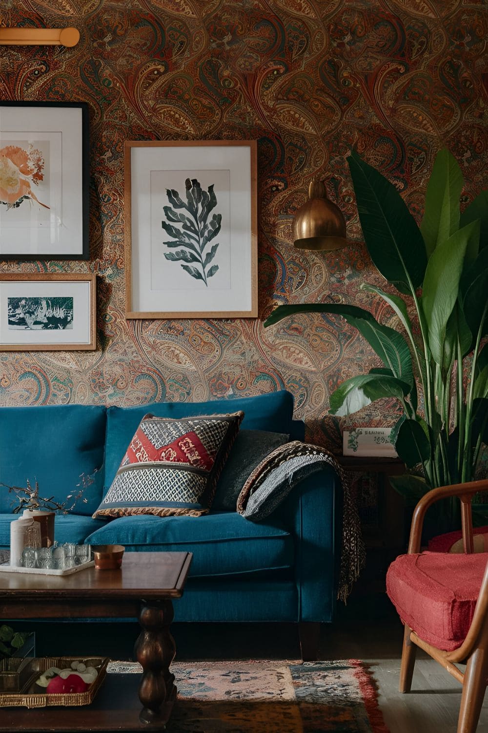 Bohemian living room with intricate paisley wallpaper in rich warm colors eclectic furniture and a mix of vintage and modern decor