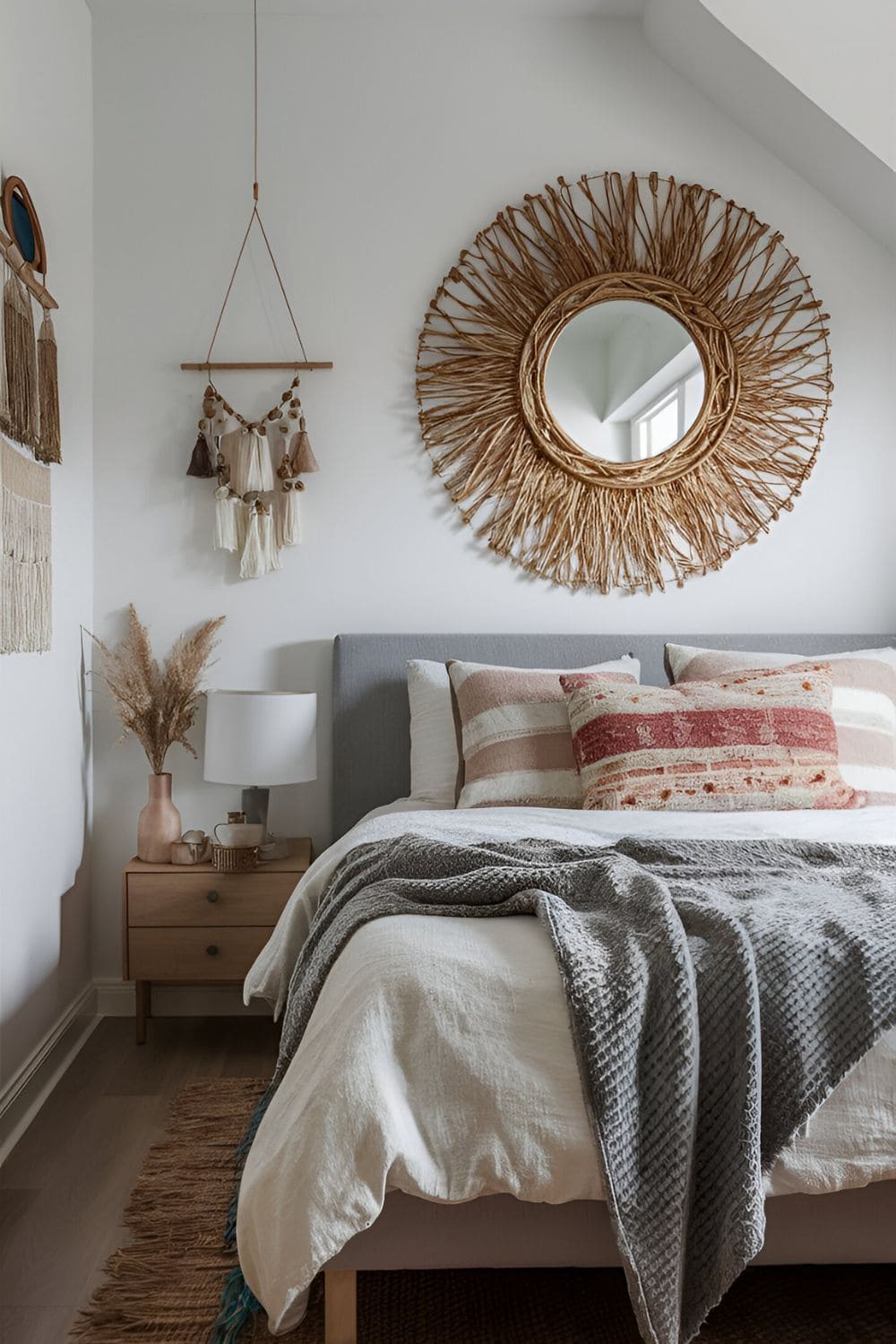 Boho bedroom with a large decorative mirror reflecting light and creating a sense of space