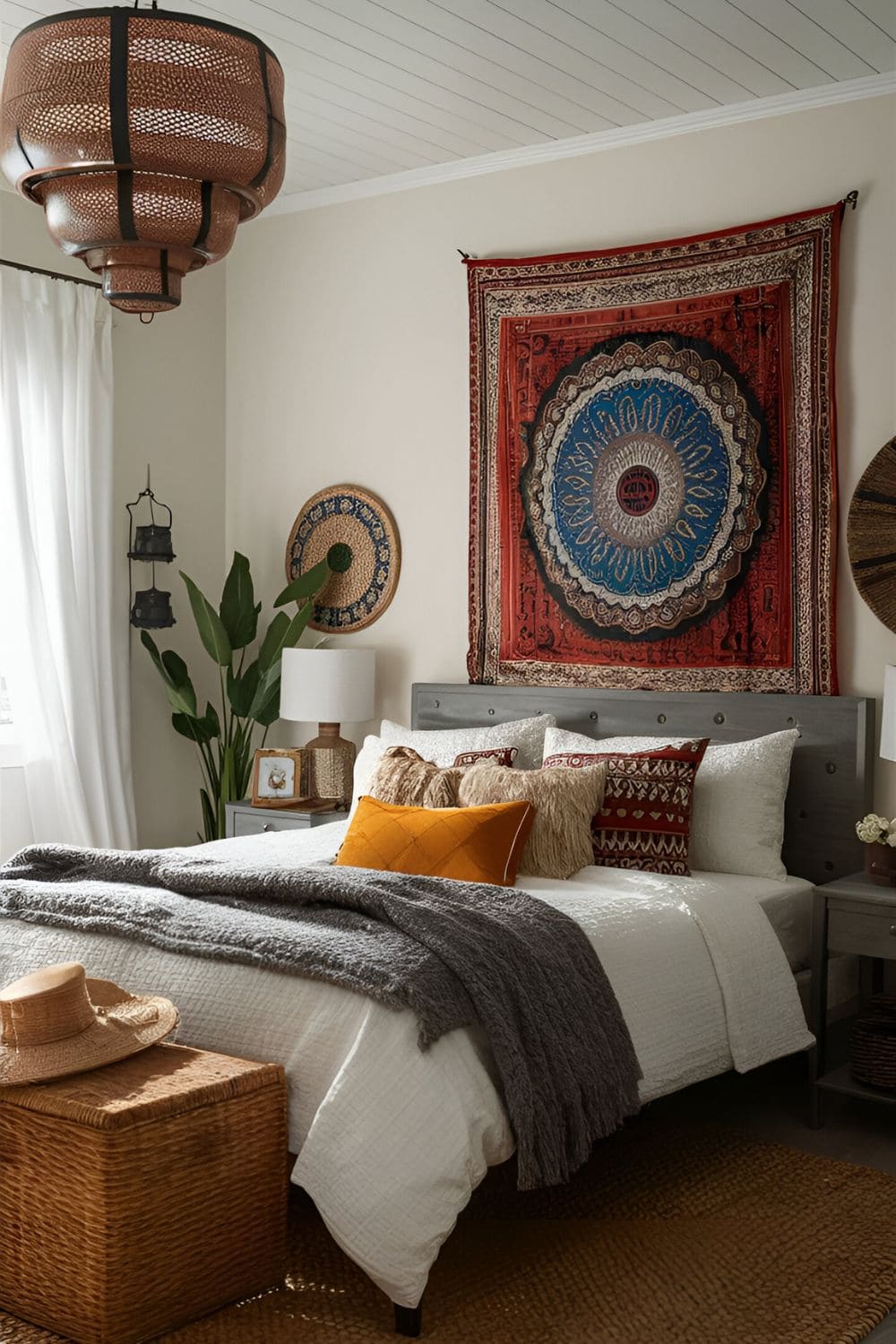 Boho bedroom with global influences including Moroccan lanterns Indian tapestries and African baskets