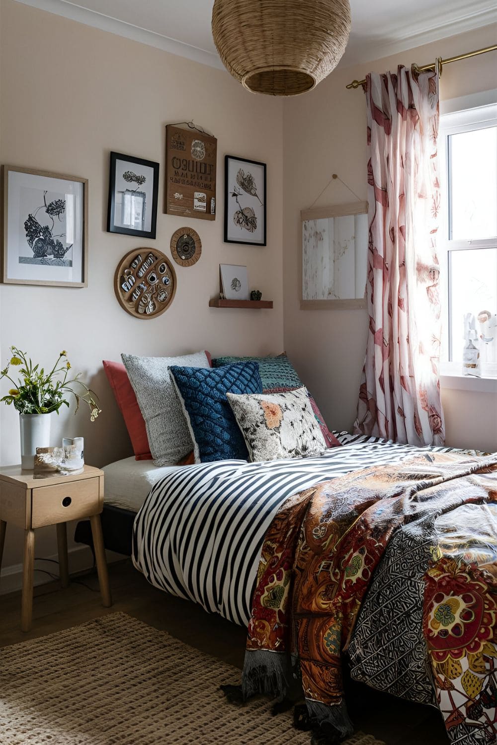 Boho bedroom with mixed patterns including stripes florals and geometric prints in a cohesive color palette