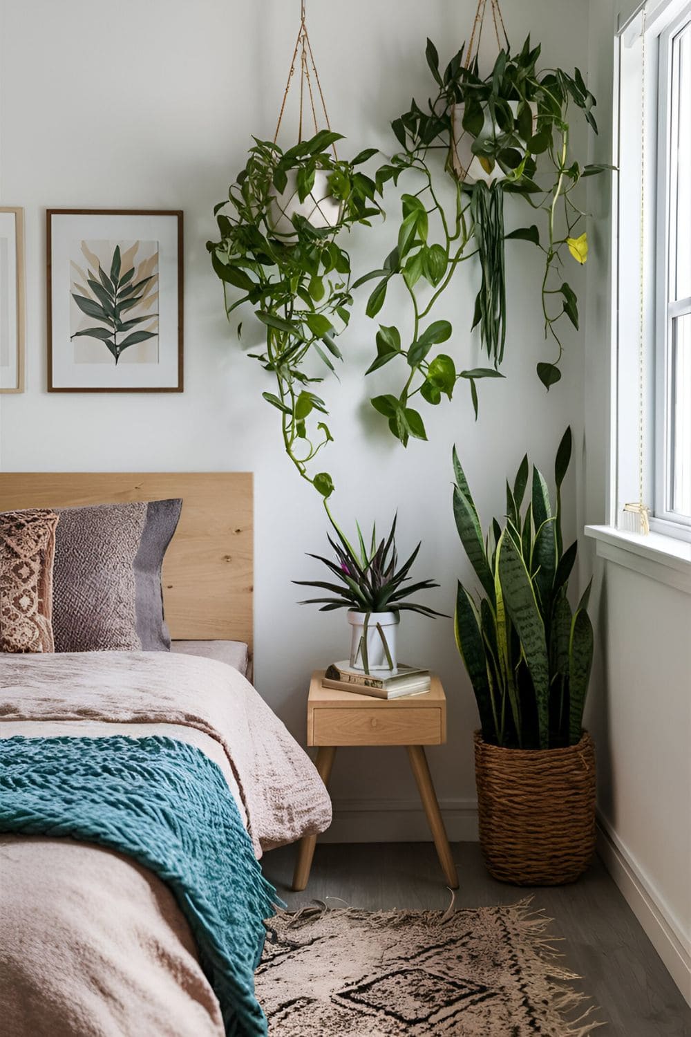 Boho-themed bedroom filled with various plants including succulents snake plants and hanging planters