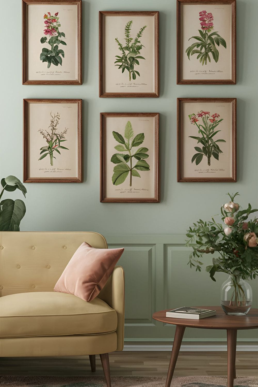 Botanical prints in elegant frames arranged on a pastel-colored living room wall