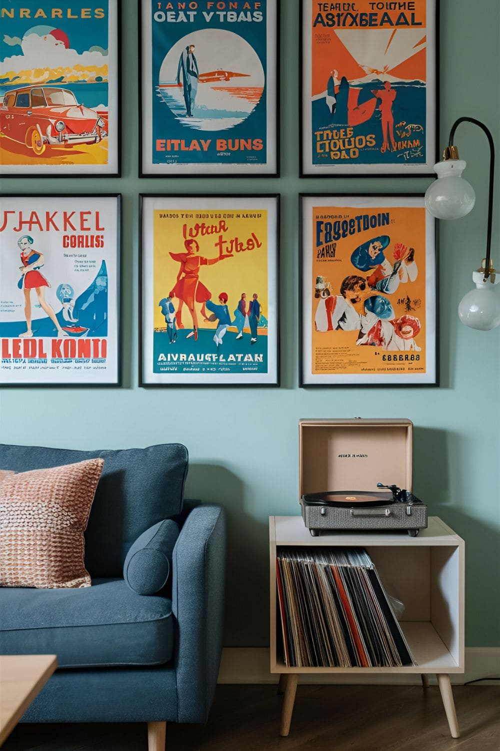 Bright retro travel and movie posters framed on a living room wall with a record player nearby