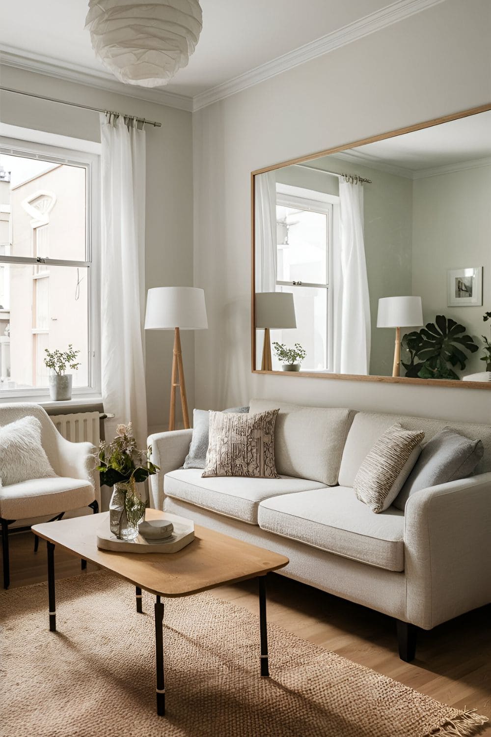 Bright small living room with light-colored walls and furniture a large mirror on one wall reflecting light making the room feel larger and more airy