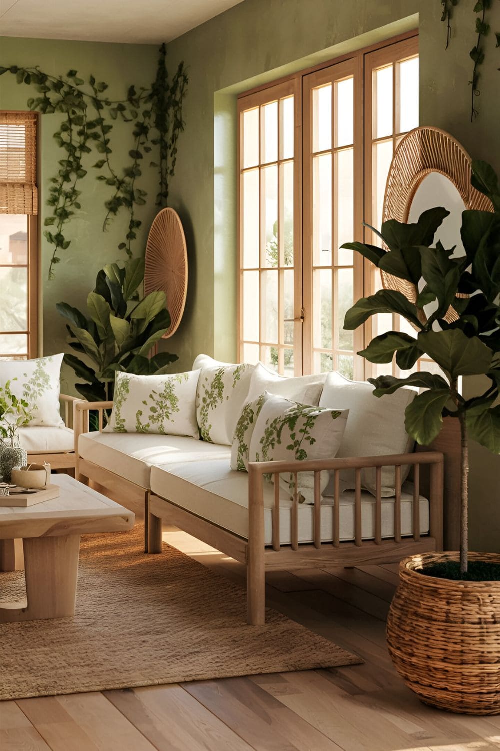 Calming living room with earthy green walls natural wood furniture and botanical-themed decor