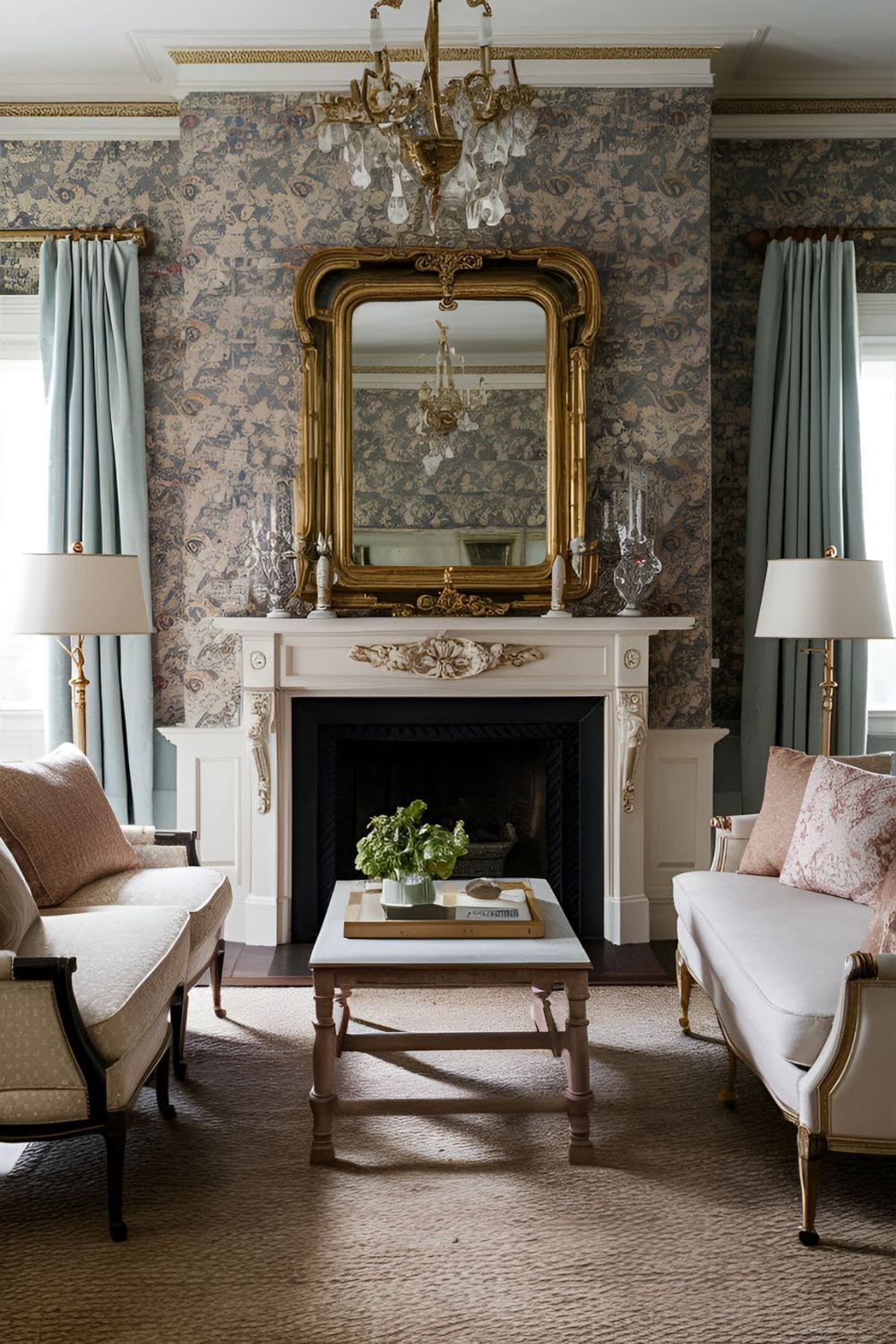 Charming living room with French-inspired toile wallpaper in a two-tone color scheme elegant furniture and a cozy fireplace