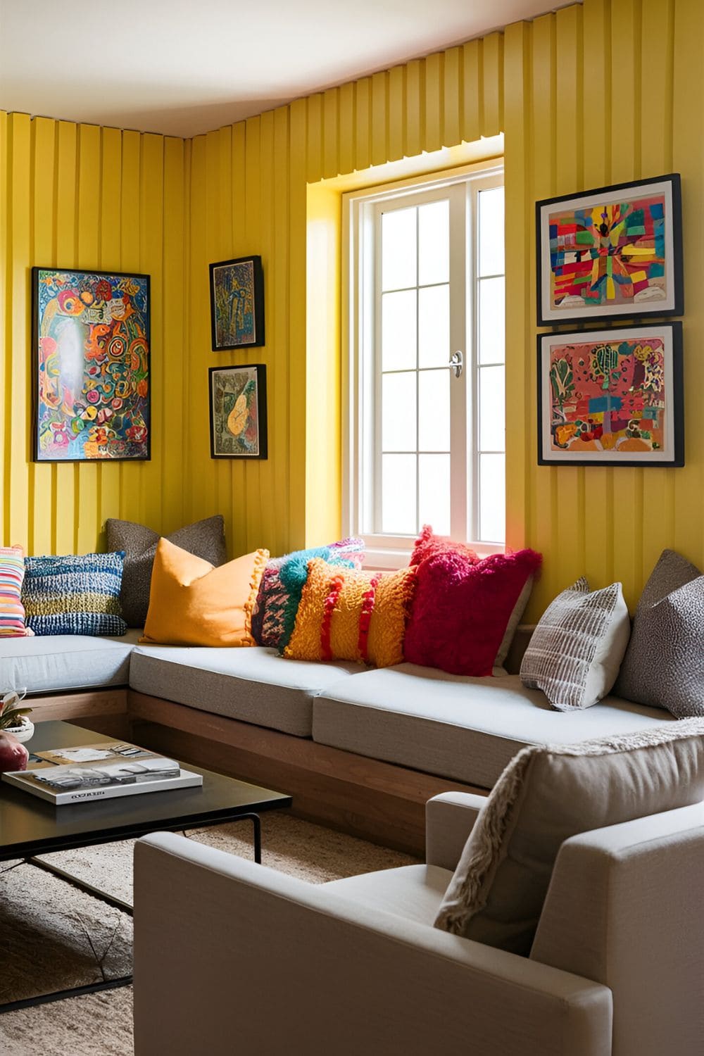 Cheerful living room with vibrant yellow walls contemporary furniture and colorful accents in artwork and pillows