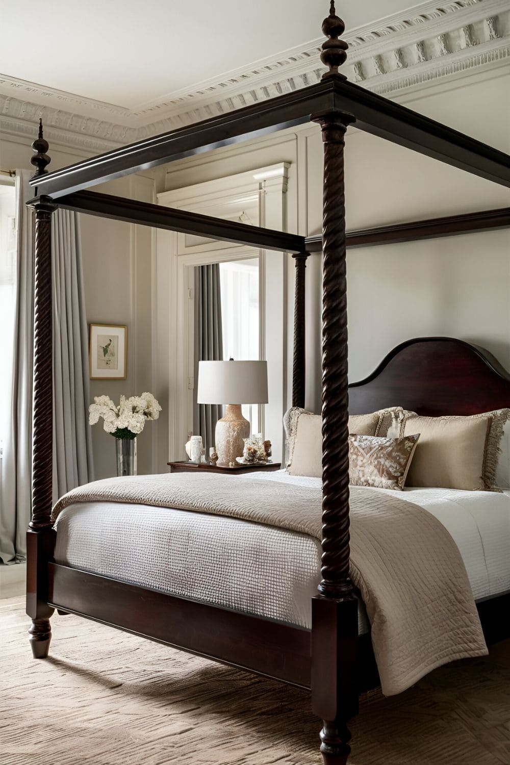 Classic dark wood four-poster bed with light bedding in a spacious bedroom with elegant decor and natural light