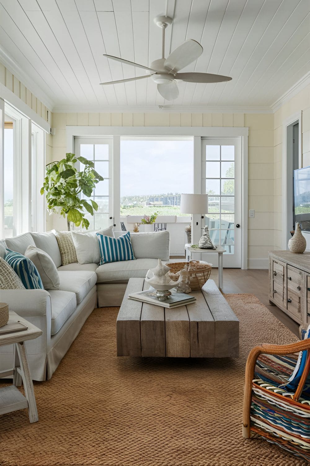 Coastal-themed I-shaped living room layout with a light-colored sofa a driftwood coffee table nautical accessories a coastal-inspired rug and a weathered wood media console