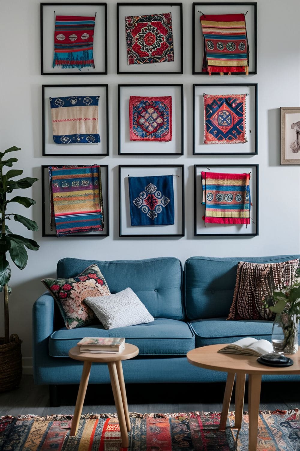 Colorful vintage textiles framed and arranged on a living room wall with bohemian-style furniture