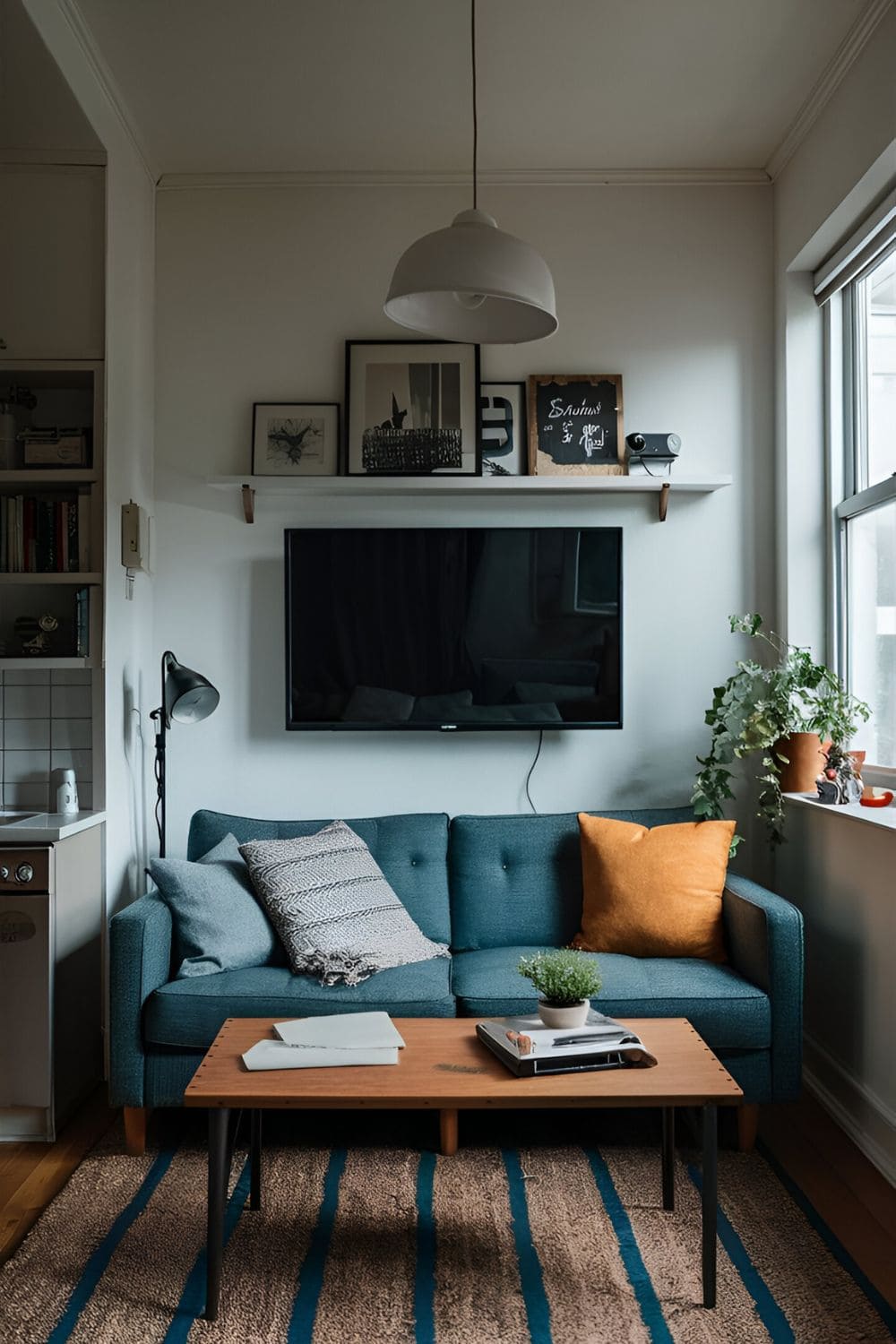 Compact living room or studio with a TV mounted on the wall above the sofa