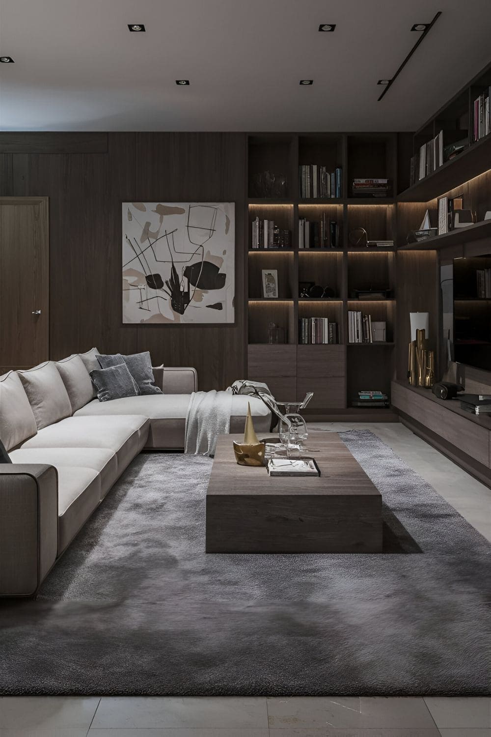 Contemporary I-shaped living room layout with a sleek low-profile sofa a modern coffee table contemporary art pieces stylish accessories and a high-tech media unit