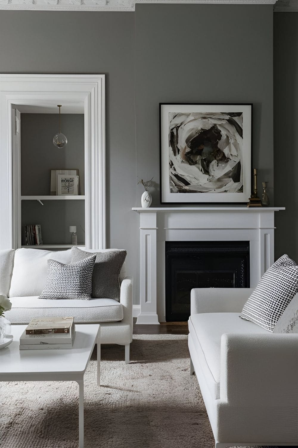 Contemporary living room with gray walls bright white furniture trim and accessories emphasizing simplicity and minimalism