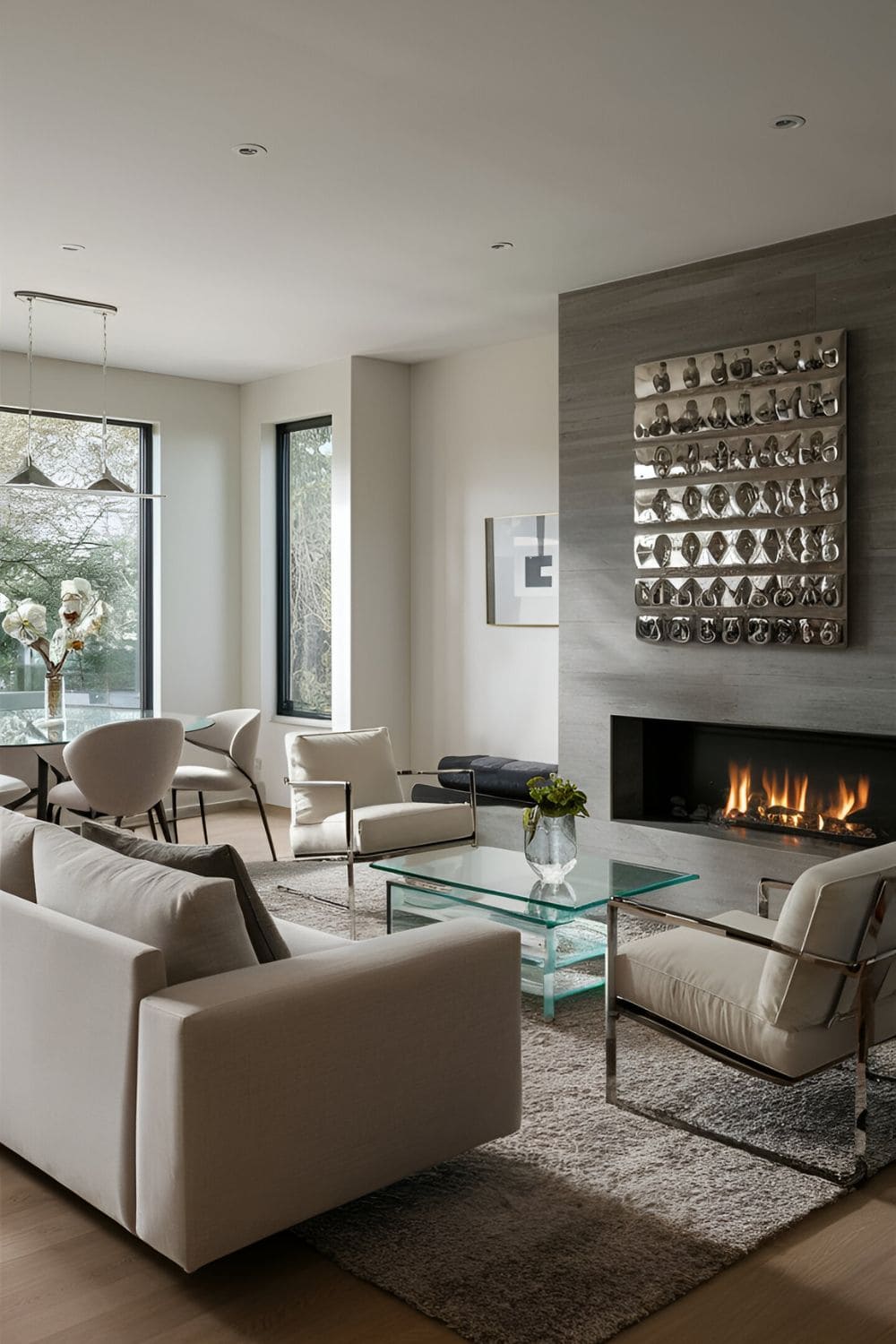 Contemporary living room with low-profile sofa facing fireplace glass coffee table modern chairs neutral colors and metallic accents