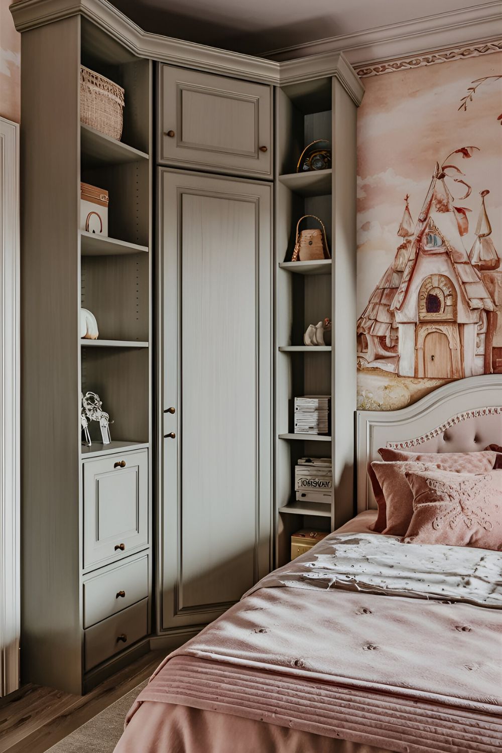 Cozy bedroom with a corner wardrobe and pastel decor